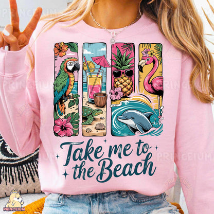 a woman wearing a pink shirt that says take me to the beach