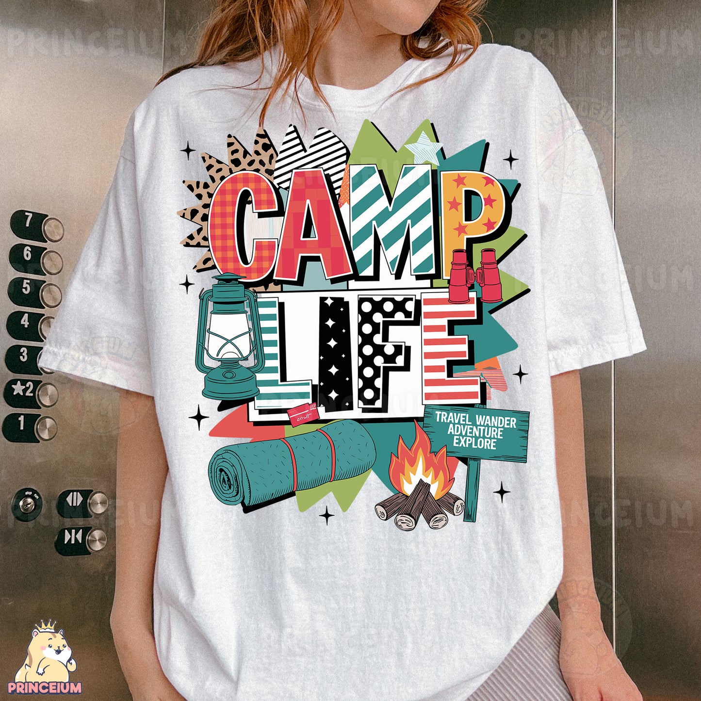 a woman wearing a t - shirt that says camp time