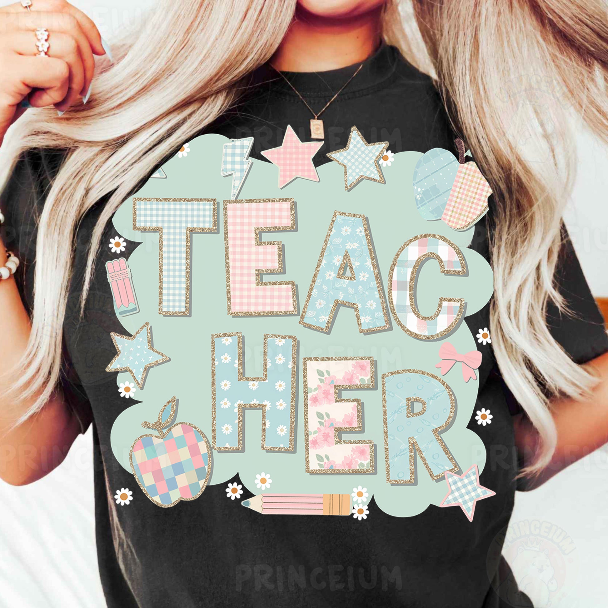 a woman wearing a t - shirt that says teac her