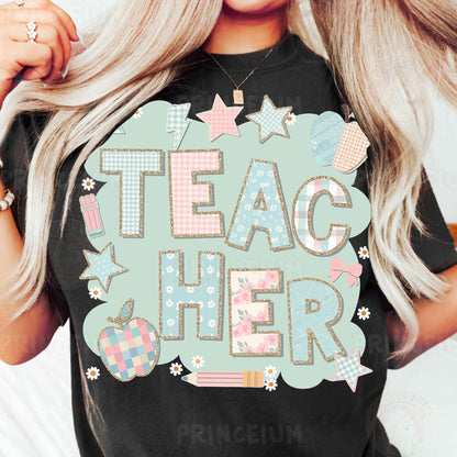 a woman wearing a t - shirt that says teac her