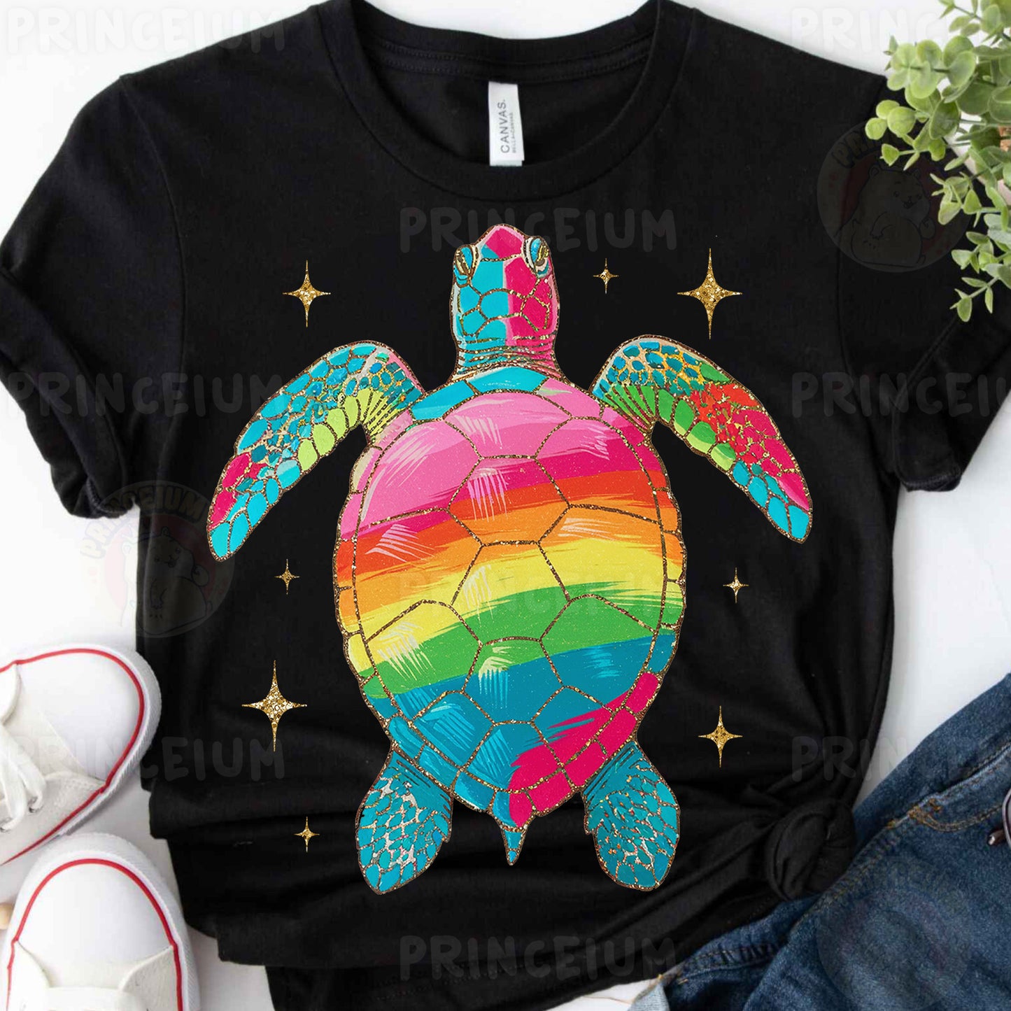a t - shirt with a rainbow turtle on it