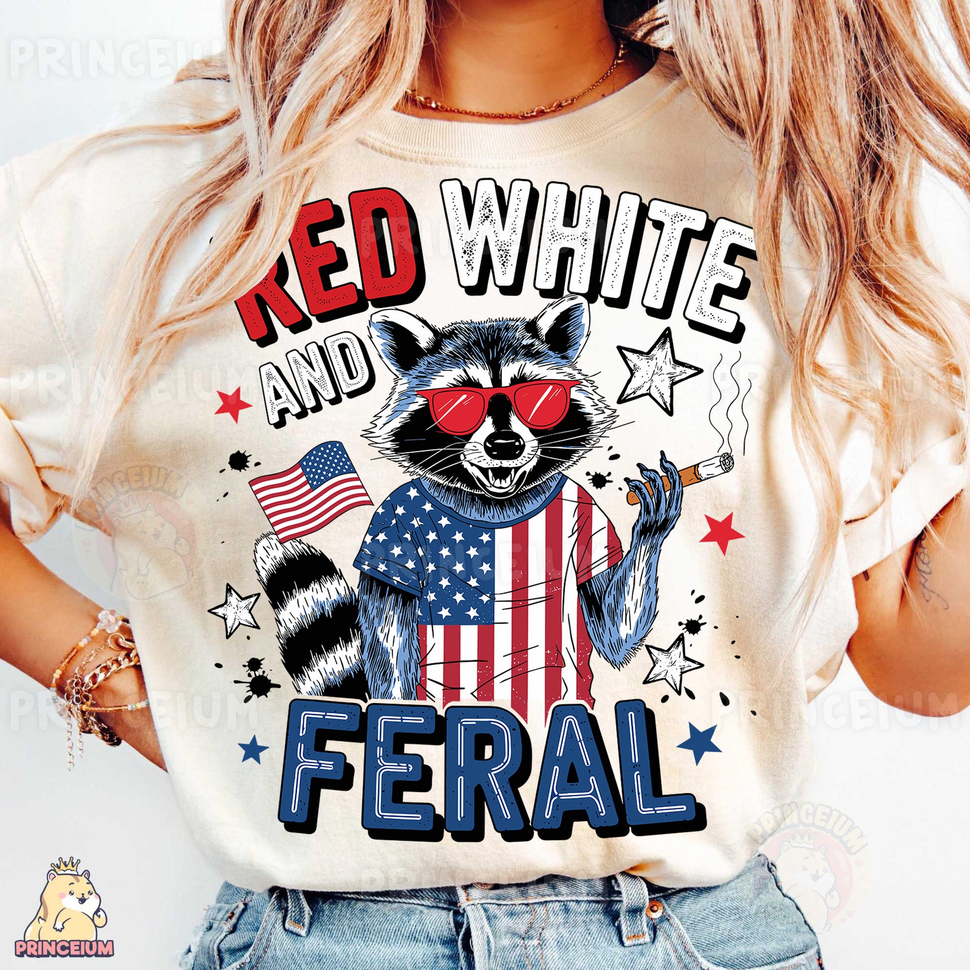 a woman wearing a red white and blue shirt
