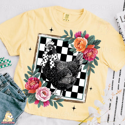 a t - shirt with a picture of a chicken on it