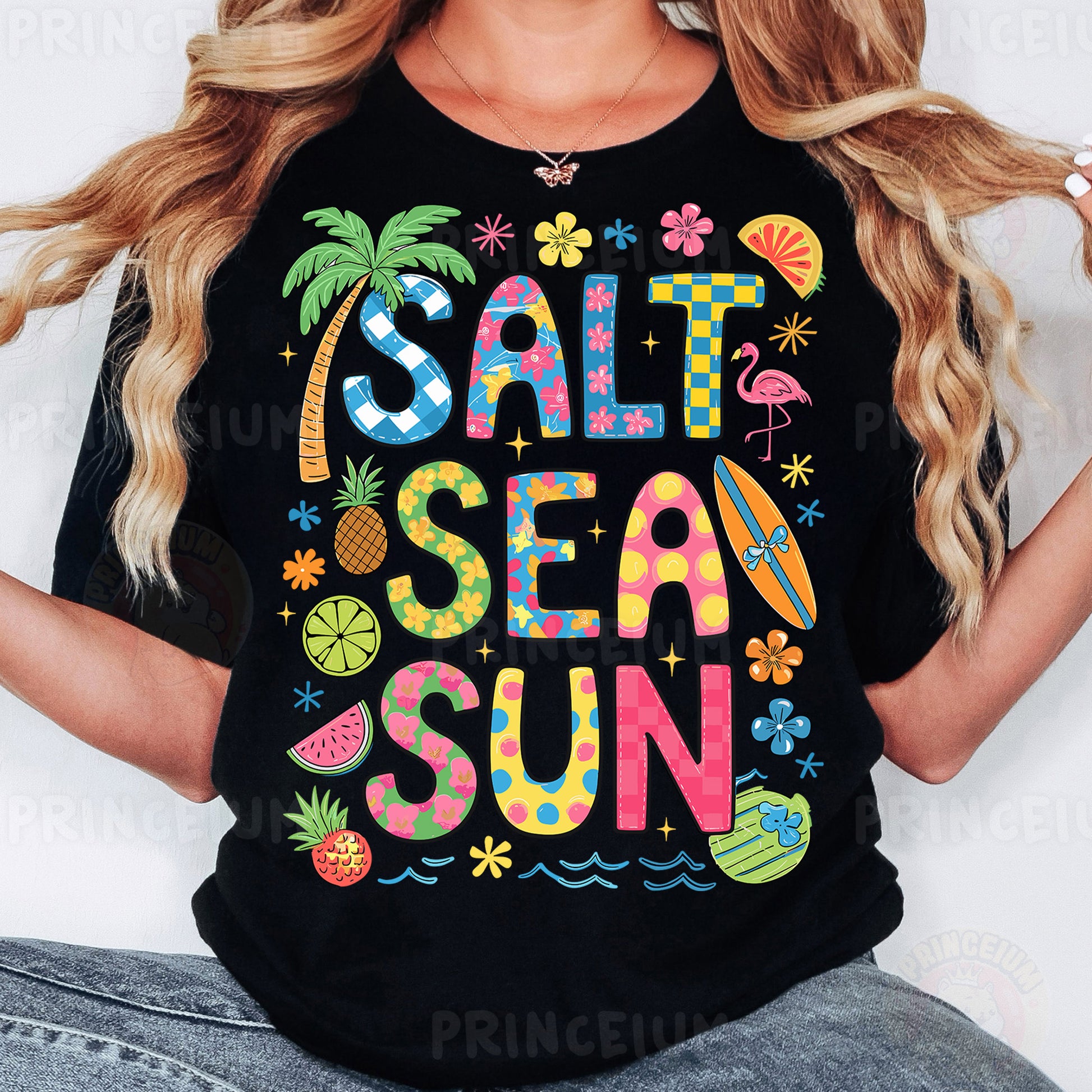 a woman wearing a black shirt that says salt sea sun