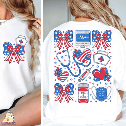 a woman wearing a white shirt with red, white, and blue designs on it