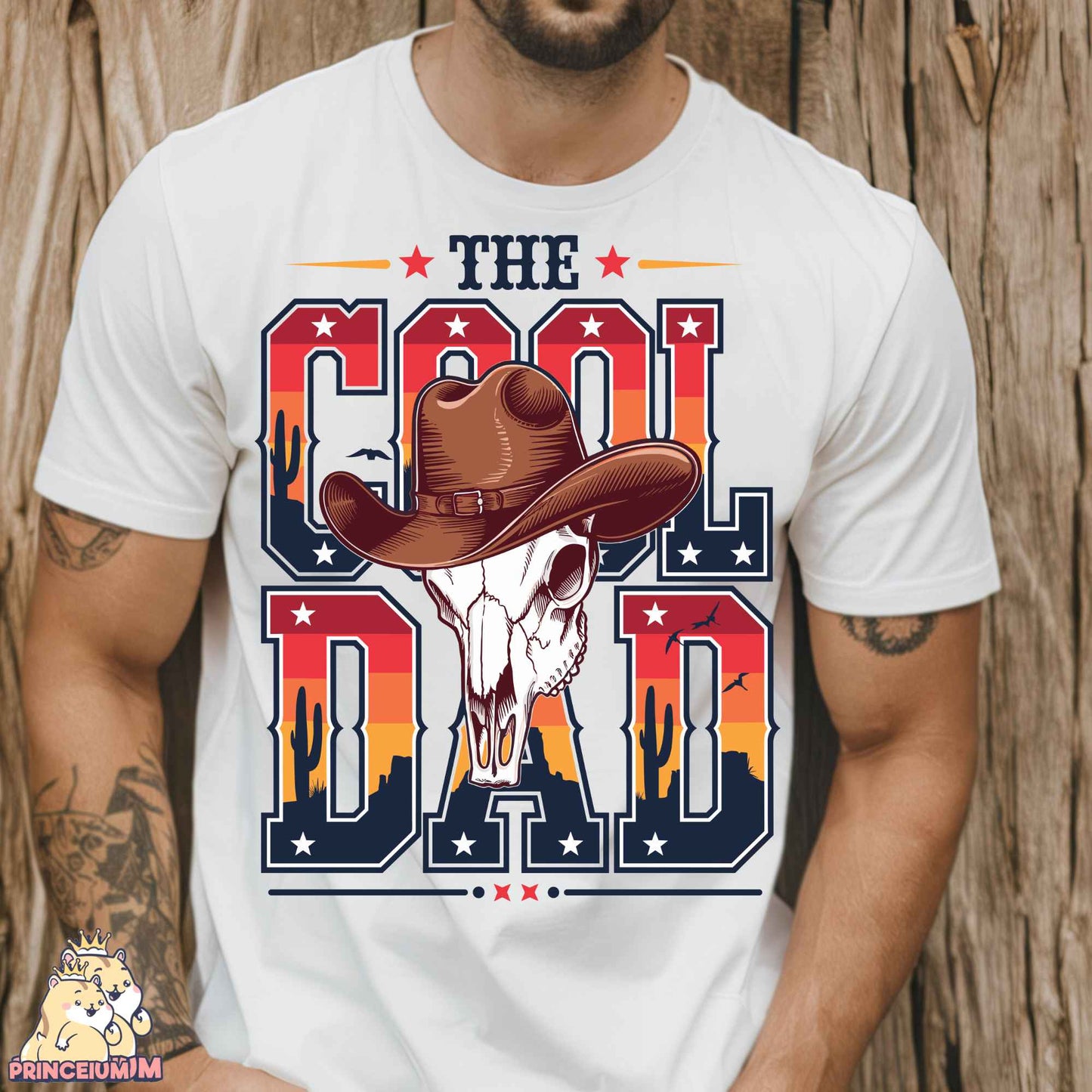a man wearing a cowboy hat with the word cool dad on it