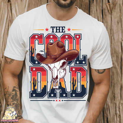 a man wearing a cowboy hat with the word cool dad on it