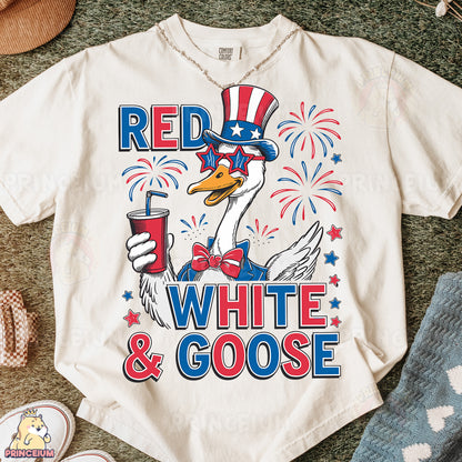 a white t - shirt with red, white and goose on it
