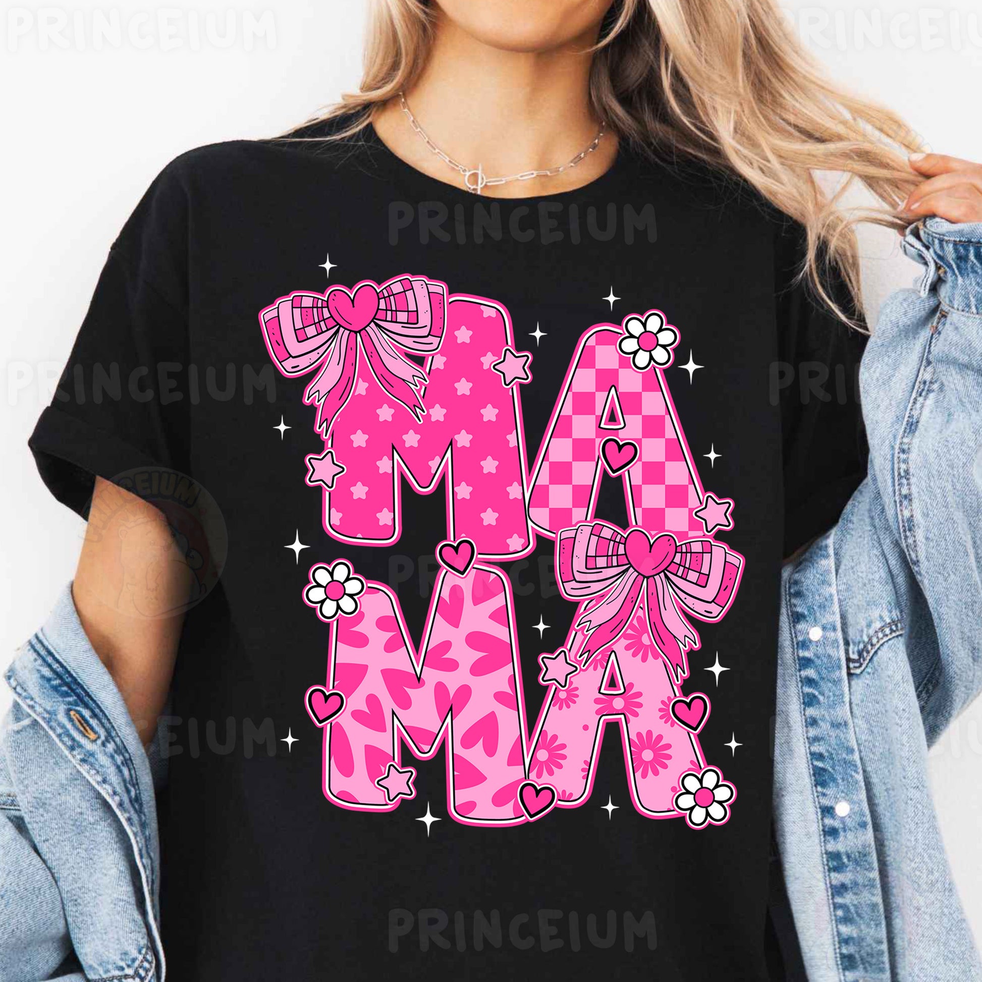a woman wearing a black shirt with pink letters and bows