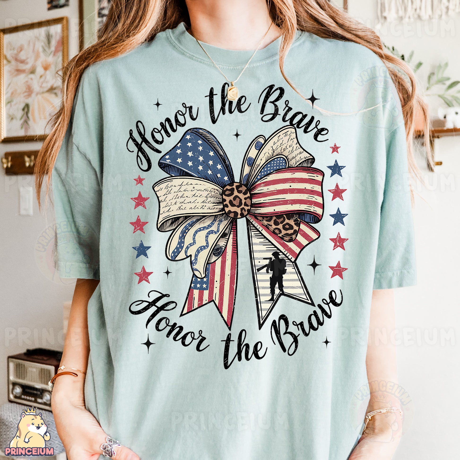 a woman wearing a t - shirt with an american flag bow
