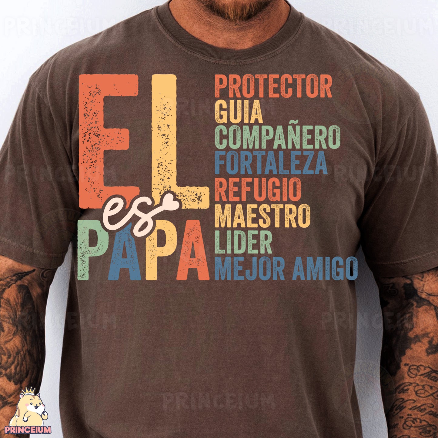 a man wearing a brown t - shirt with the word papa printed on it