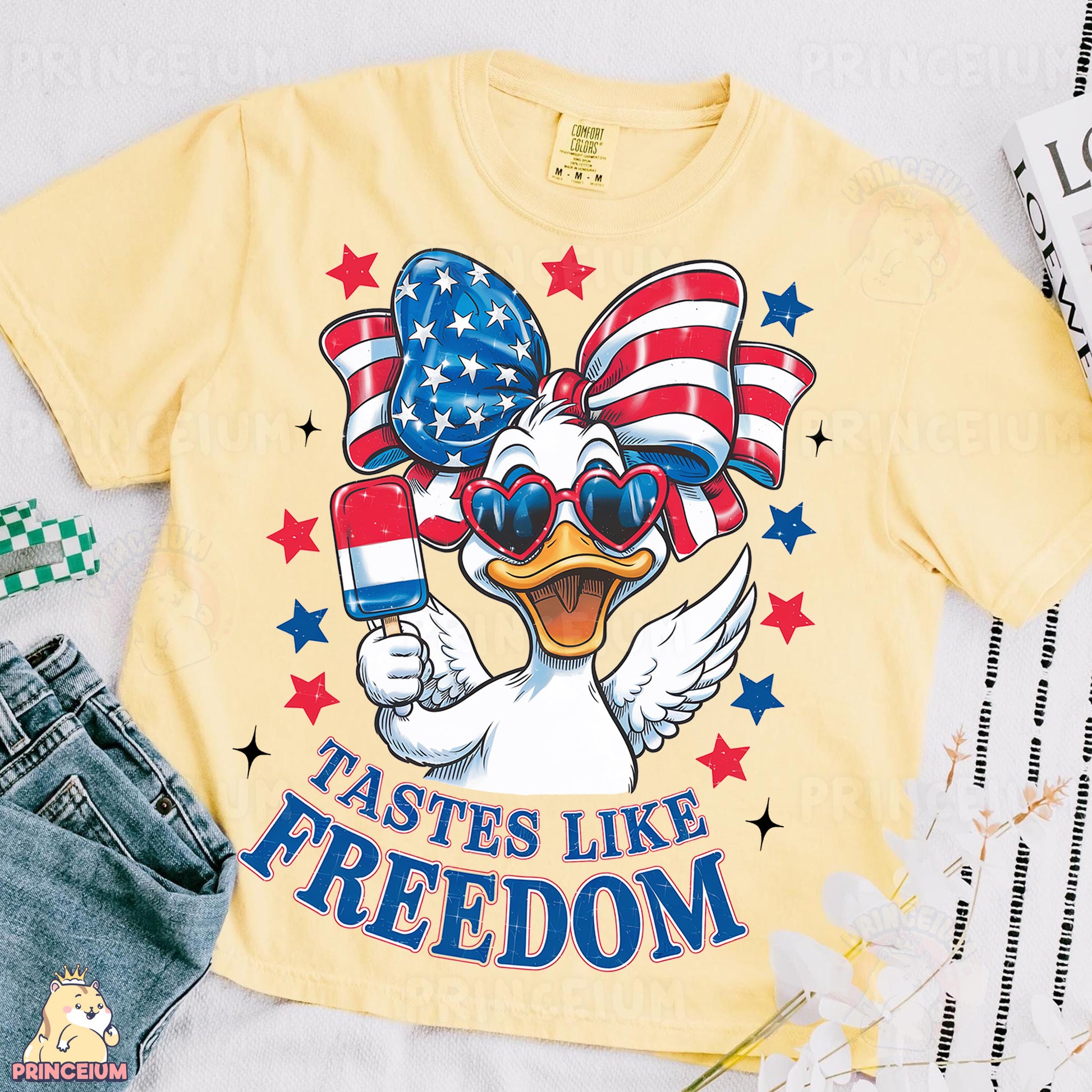 a t - shirt with an image of a duck wearing sunglasses and an american flag