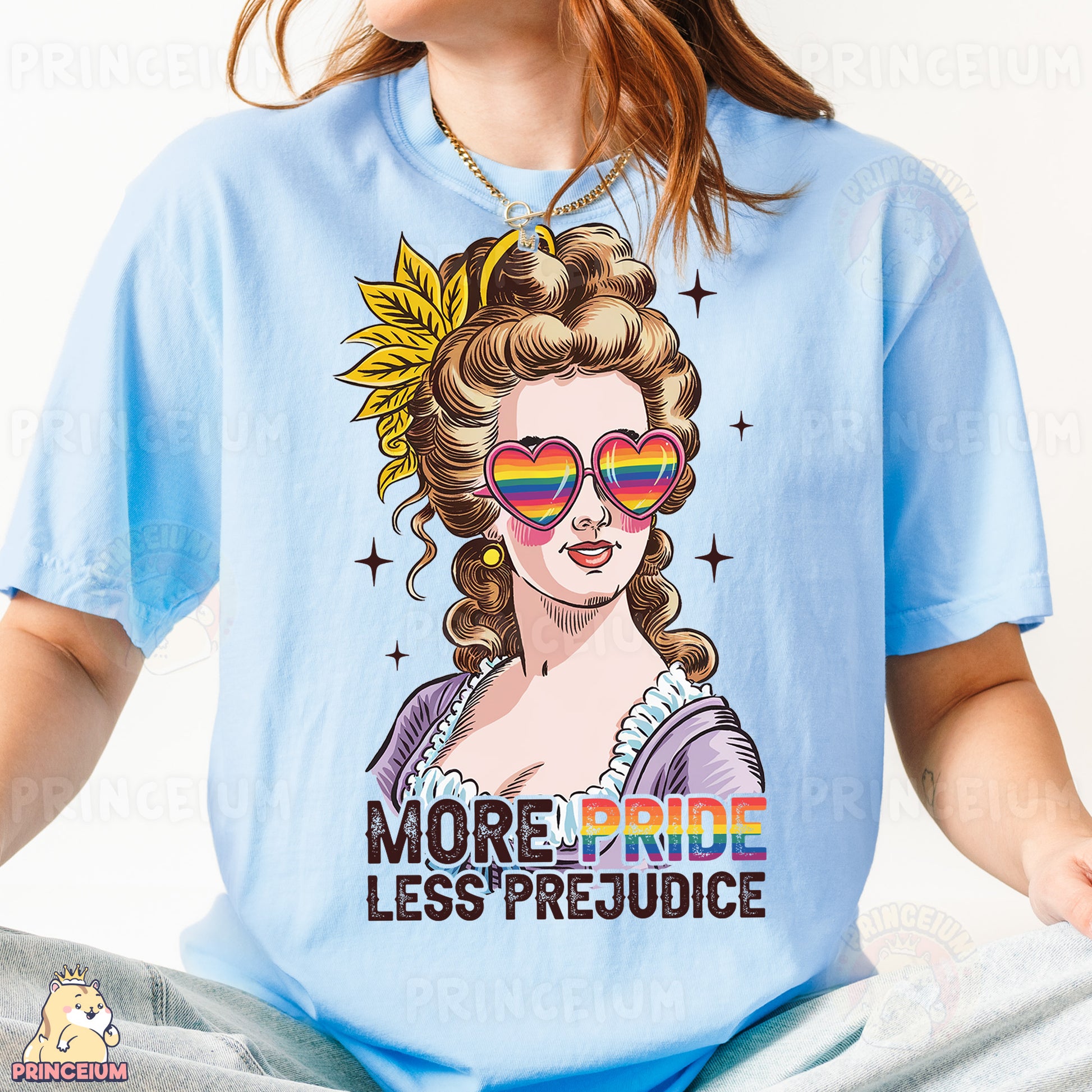 a woman wearing a t - shirt with a picture of a woman wearing sun glasses