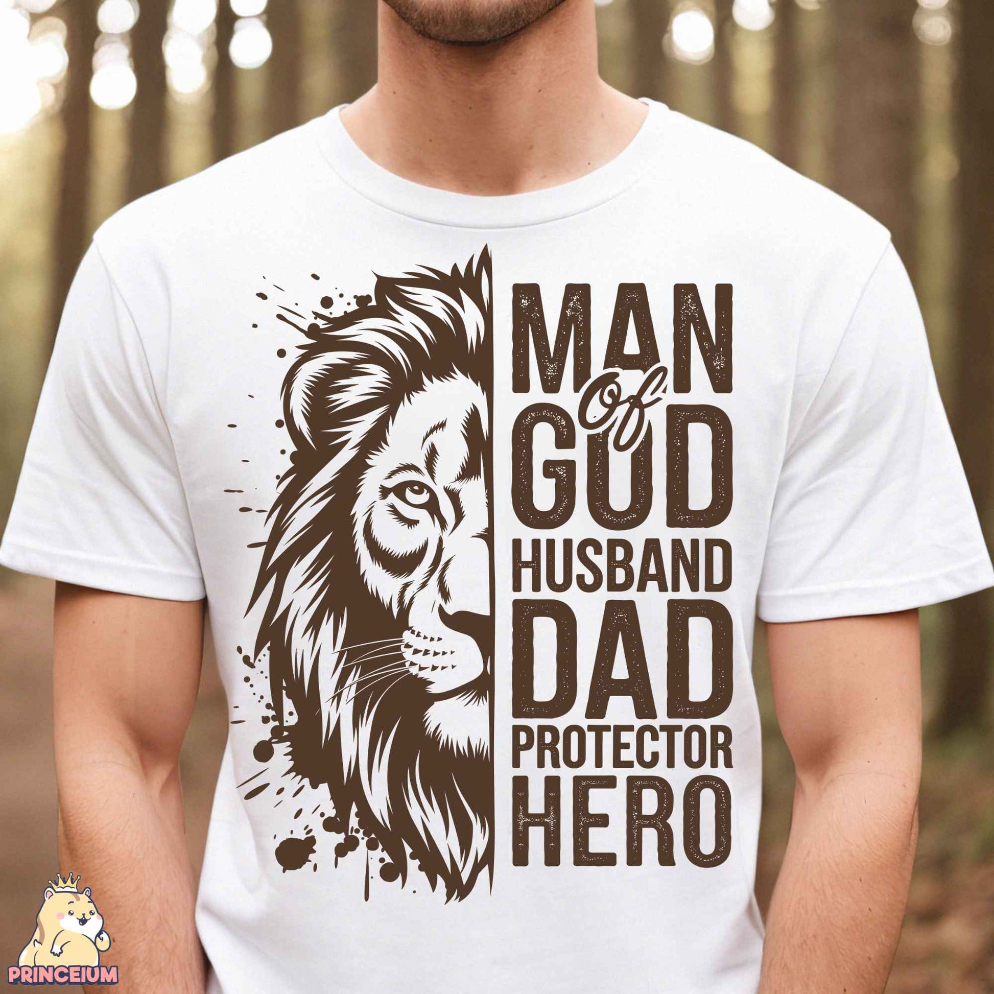 a man wearing a white shirt with a lion on it