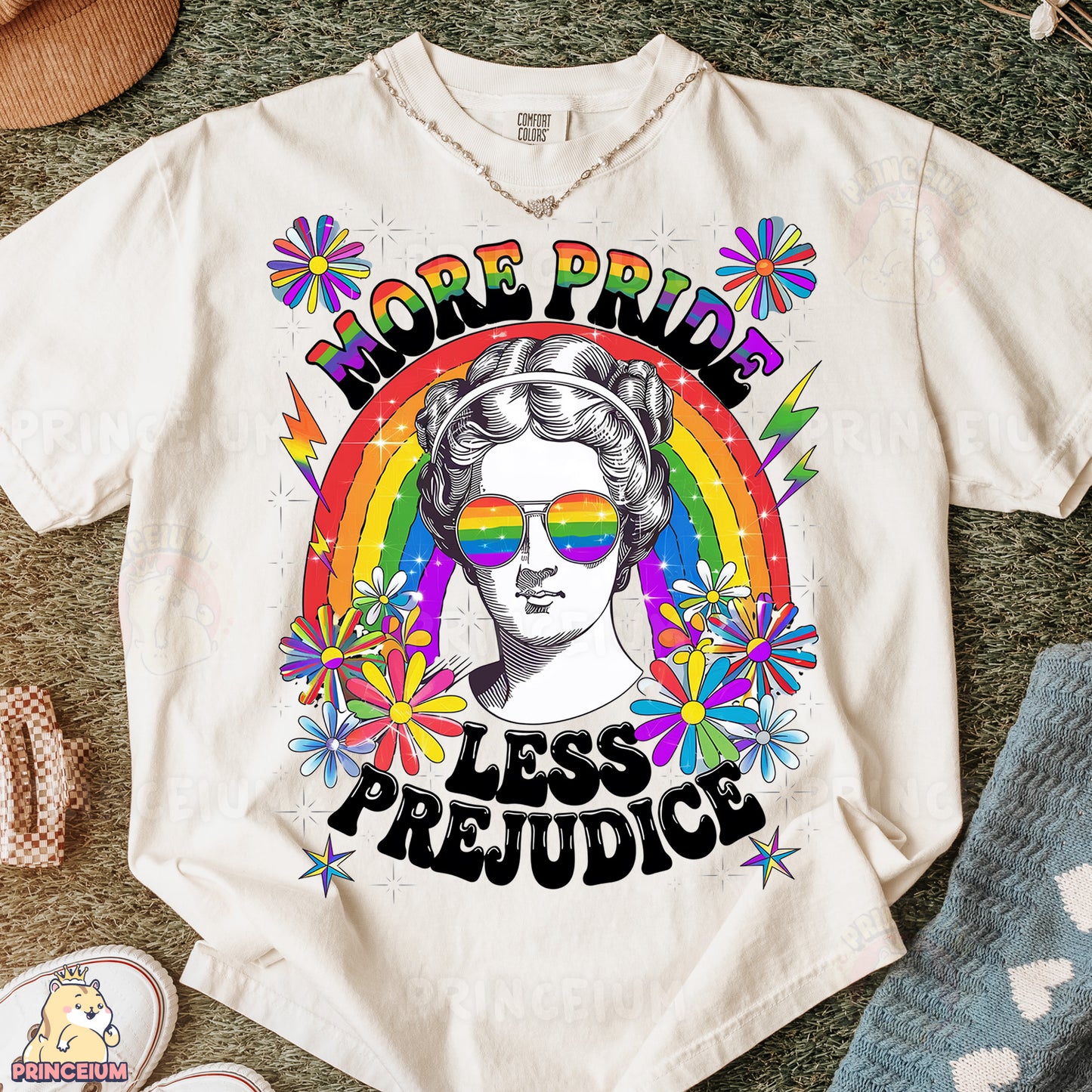 a t - shirt with a picture of a woman with a rainbow on it