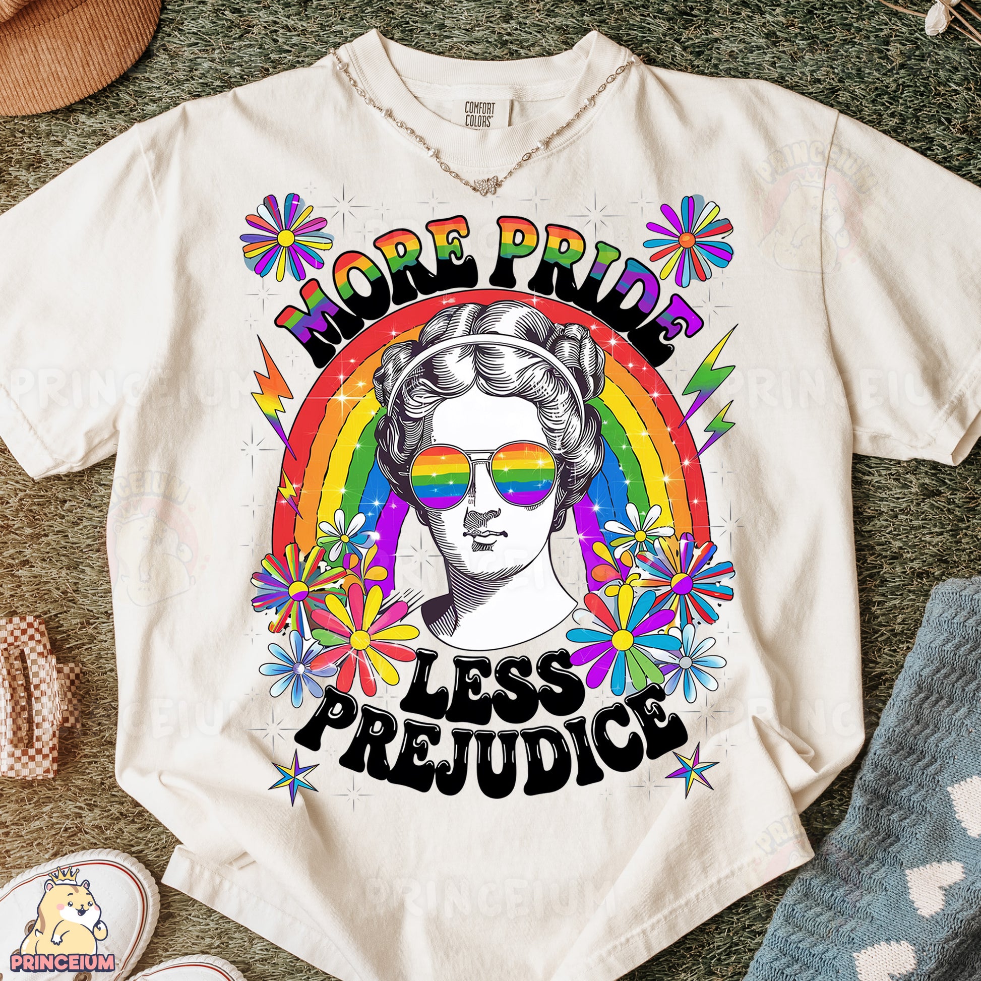 a t - shirt with a picture of a woman with a rainbow on it