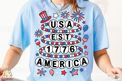 a woman wearing a usa est est america t - shirt