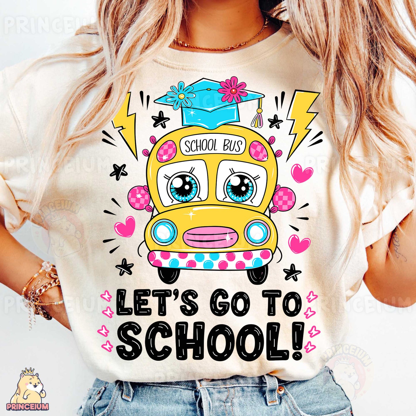a girl wearing a school bus shirt with the words let's go to school