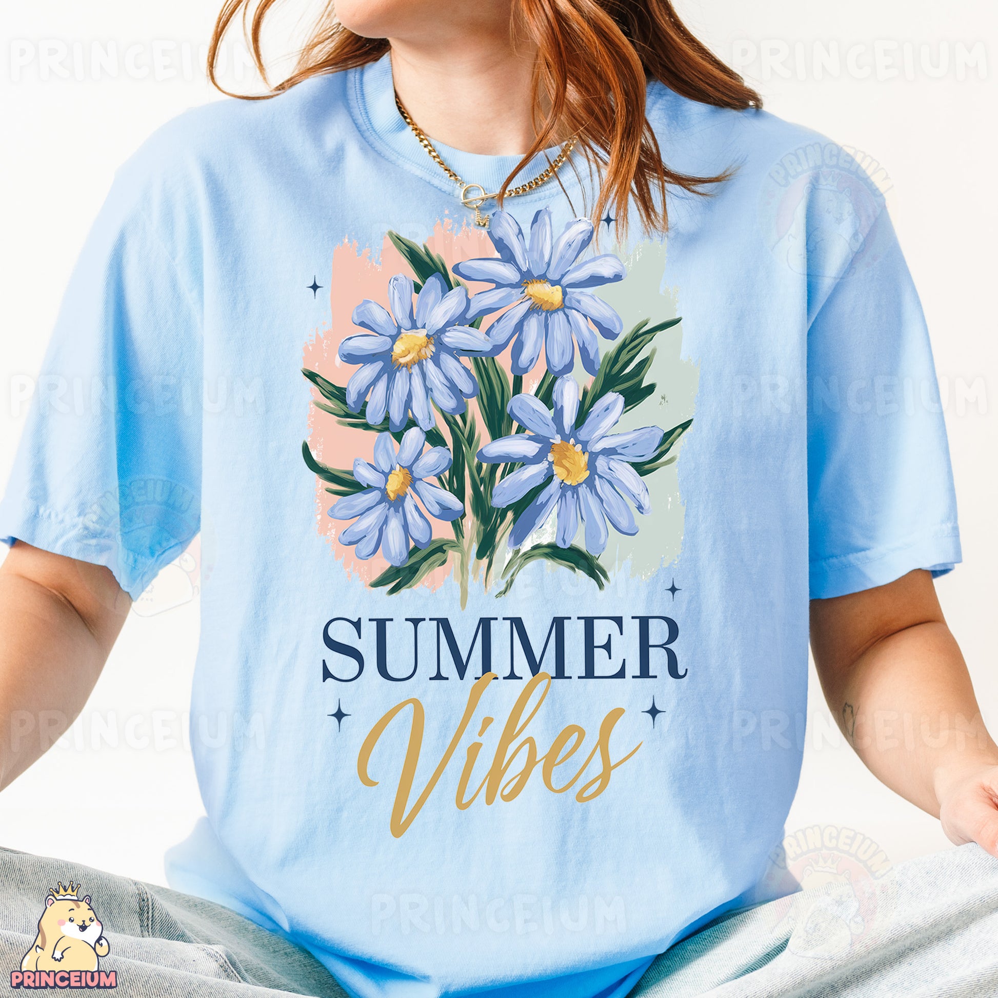 a woman wearing a blue shirt with flowers on it