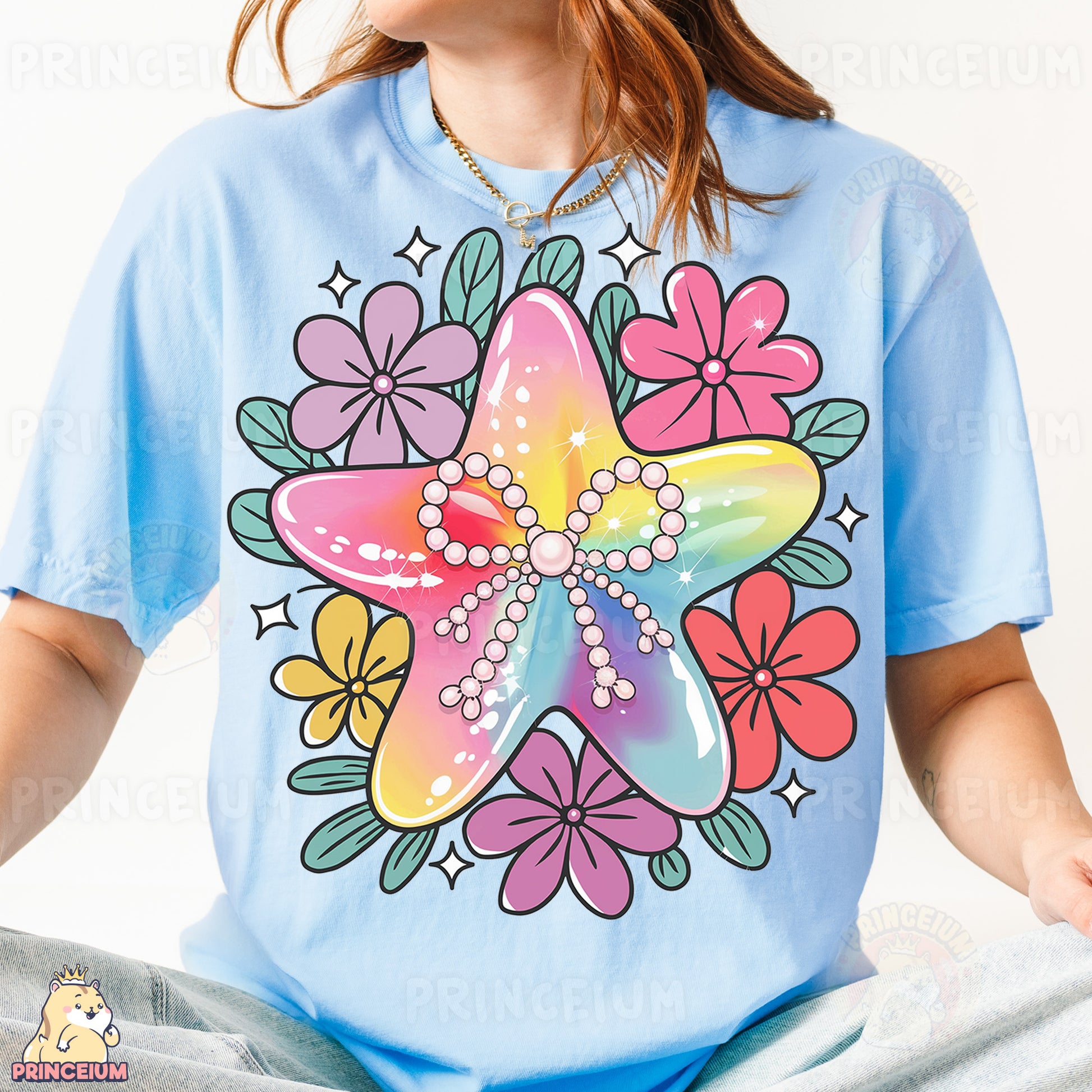 a woman wearing a t - shirt with a starfish on it