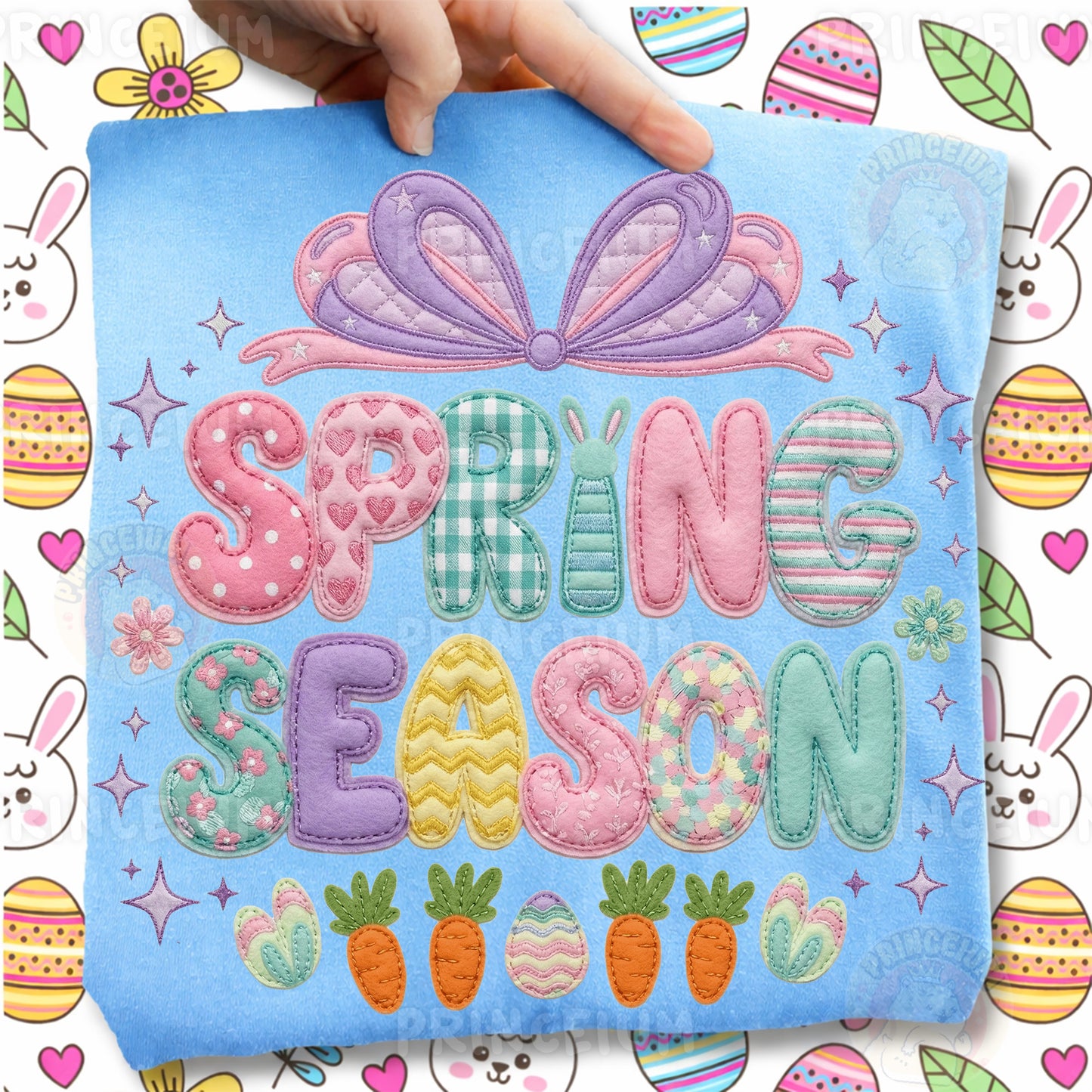 Spring Season PNG, Cute Patchwork Bow Bunny Lettering, Pastel Easter Clipart Design