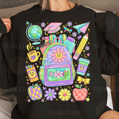 a woman wearing a black shirt with a backpack on it