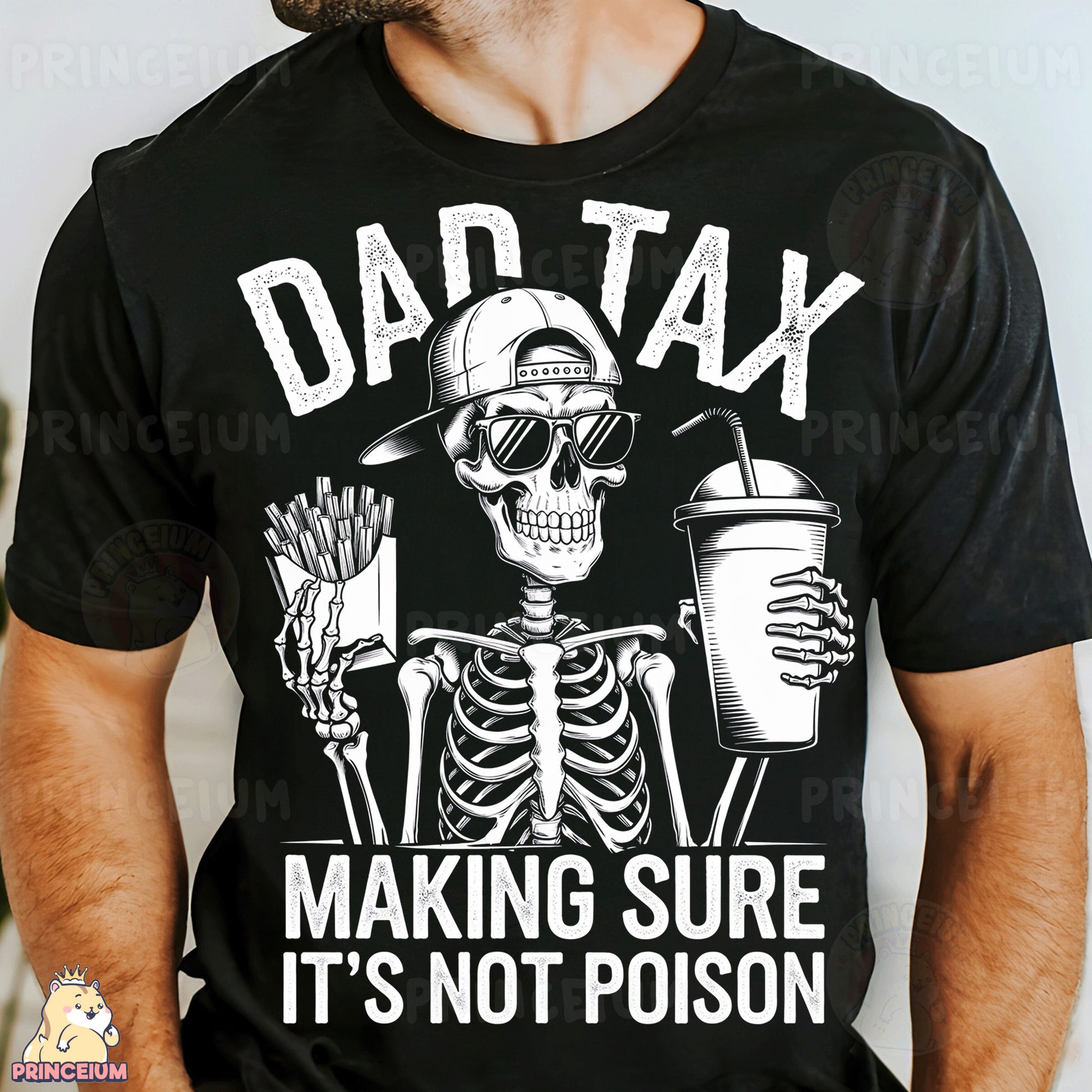 a man wearing a t - shirt that says dad tax making sure it's