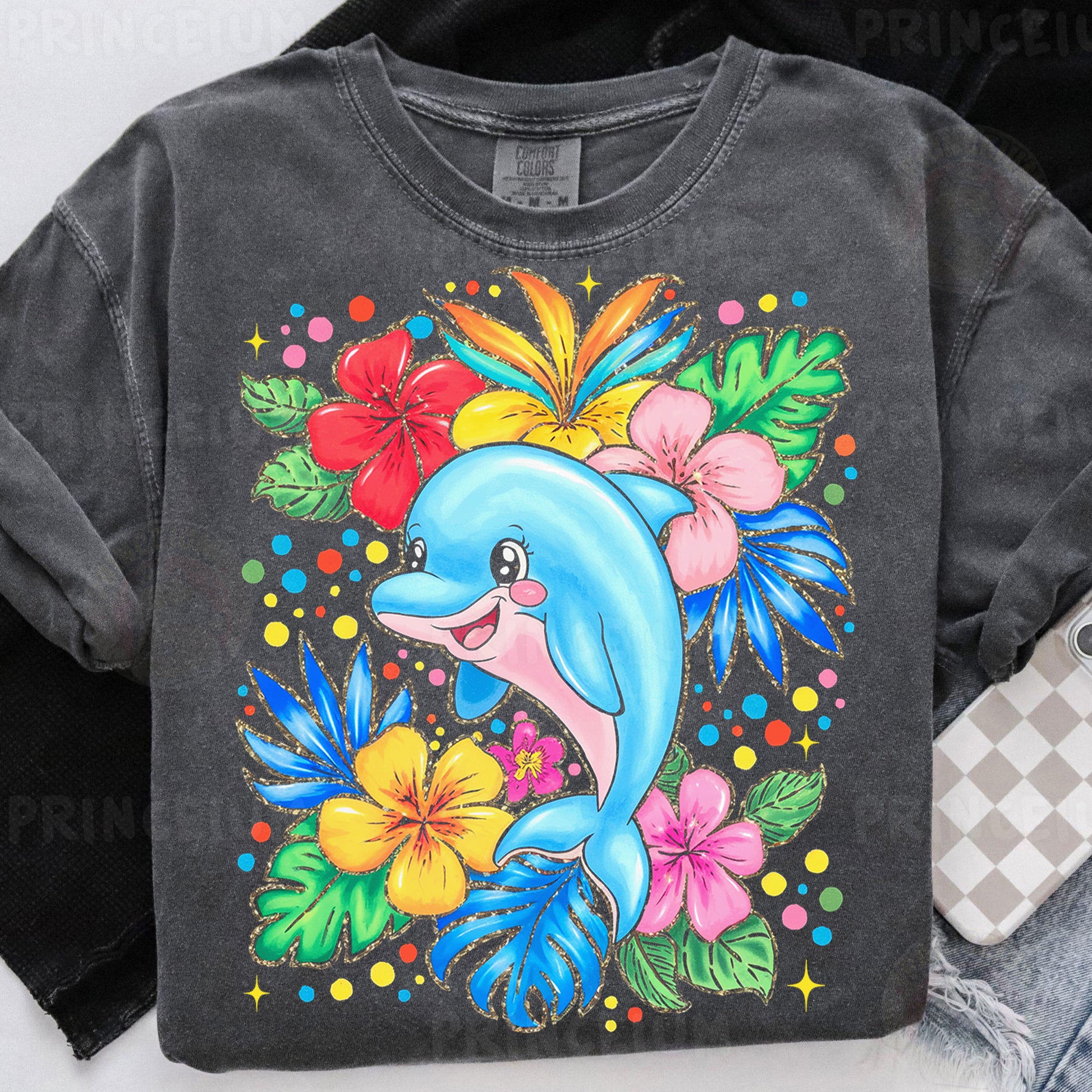 a t - shirt with a dolphin and flowers on it