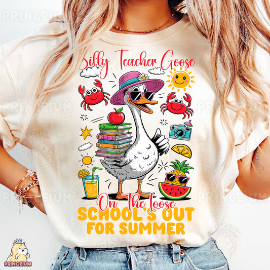 a woman wearing a t - shirt that says silly teacher goose