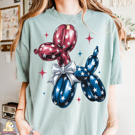 a woman wearing a t - shirt with balloons on it