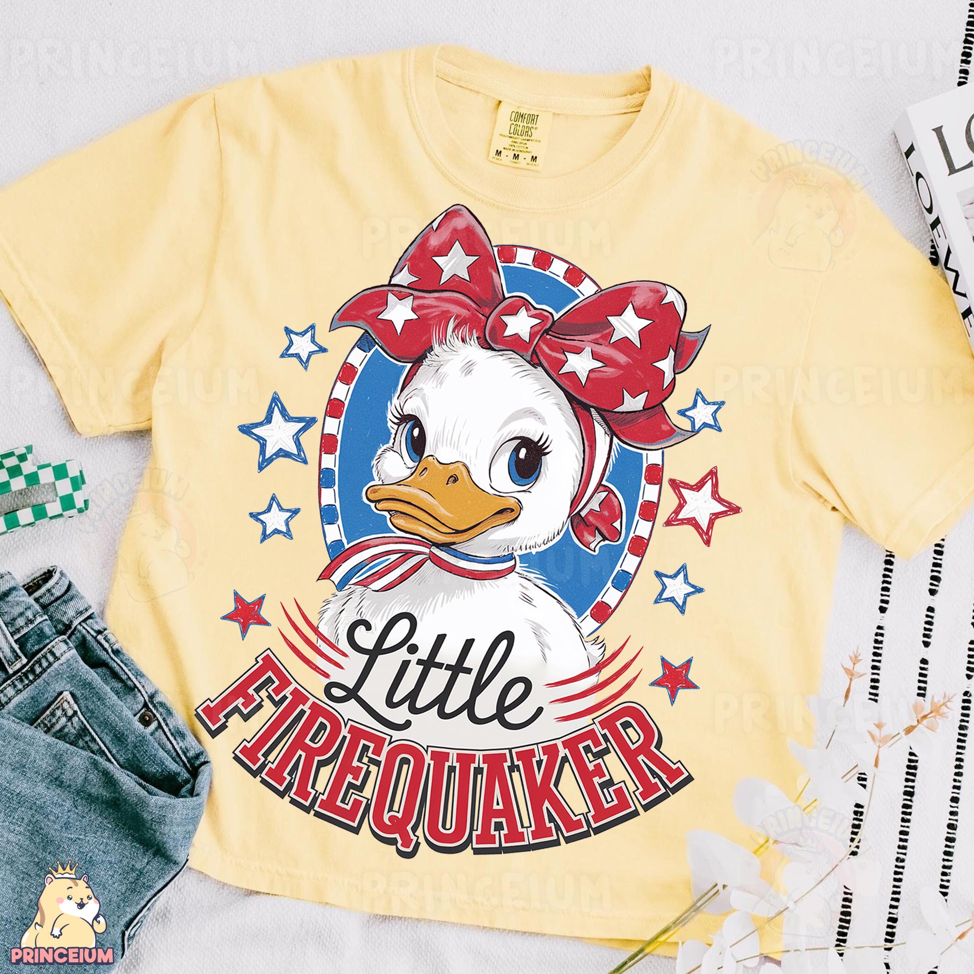 a t - shirt with a picture of a duck wearing a red, white and