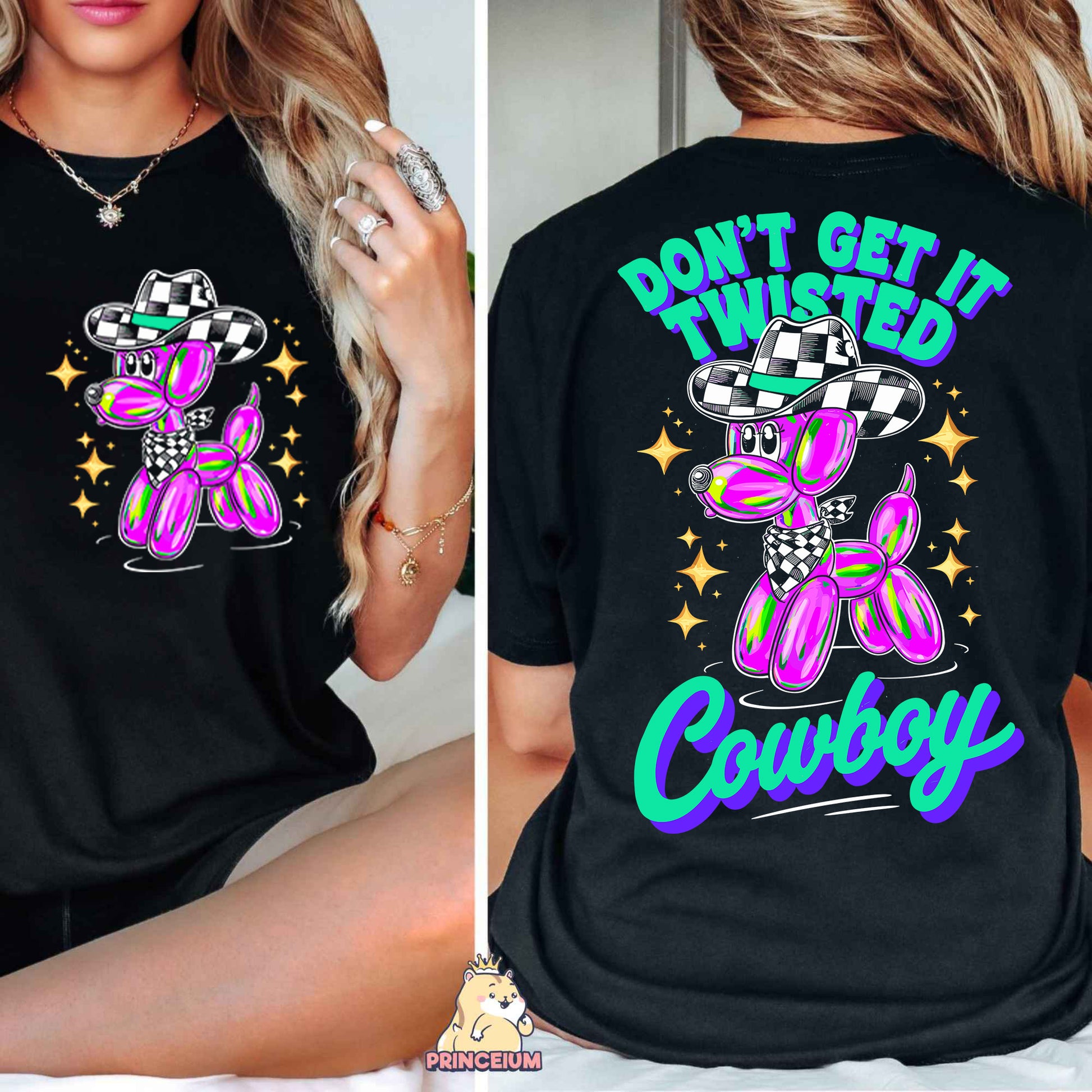 a woman wearing a t - shirt that says don't get twisted cowboy