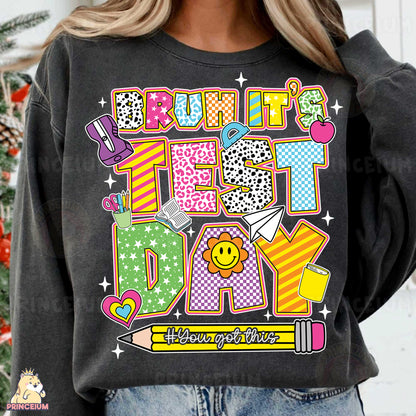 a woman wearing a black shirt with the words happy friday written on it