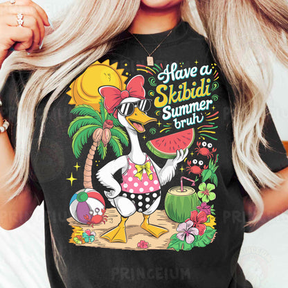 a woman wearing a black shirt with a cartoon duck on it