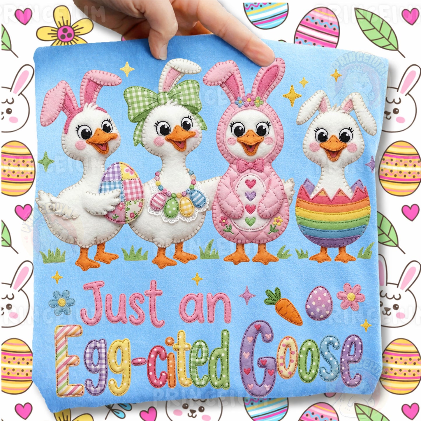 Just an Egg-cited Goose PNG, Cute Easter Ducks in Bunny Costumes, Funny Patchwork Spring Clipart
