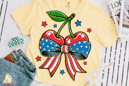 a yellow shirt with a red, white, and blue bow on it