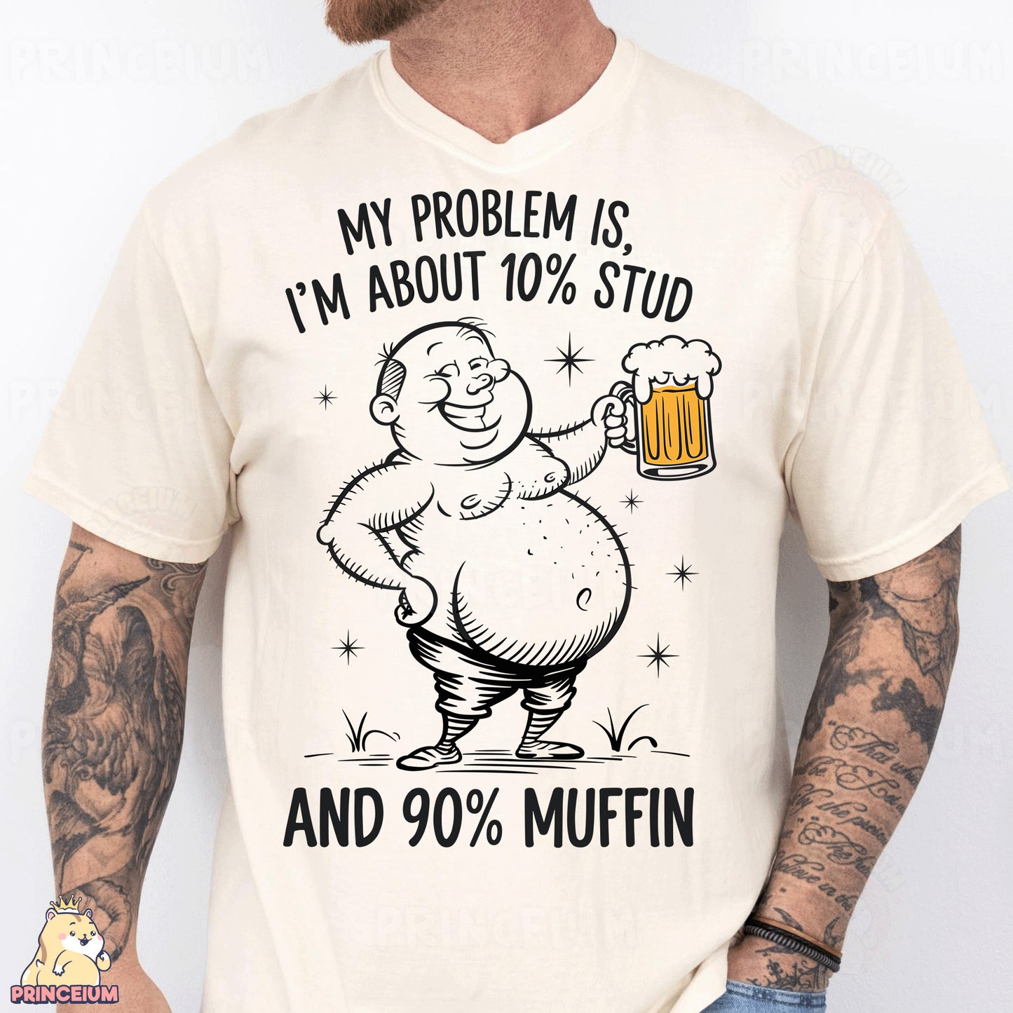 a man holding a mug of beer wearing a t - shirt