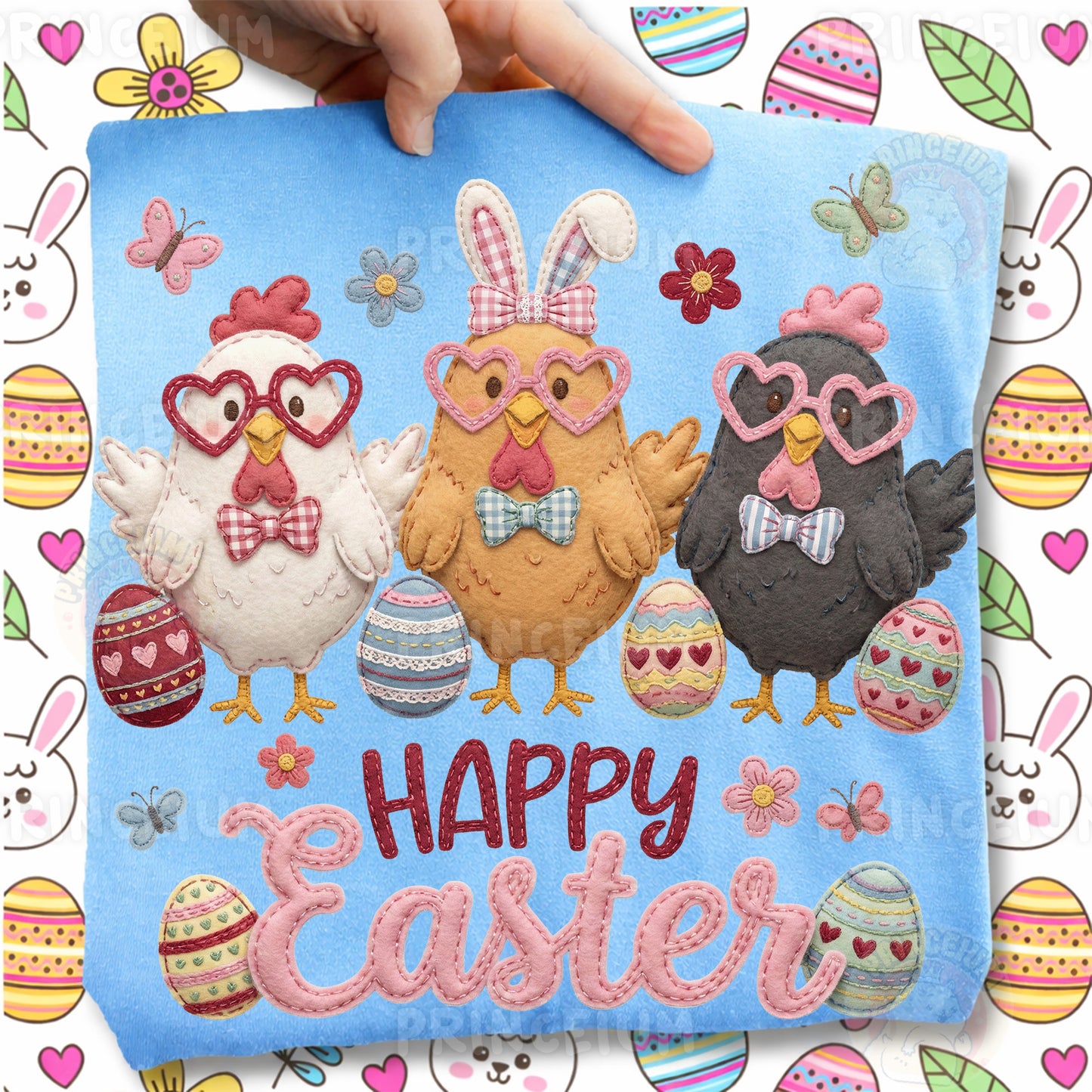 Happy Easter PNG, Cute Chickens with Heart Glasses, Patchwork Farm Easter Clipart