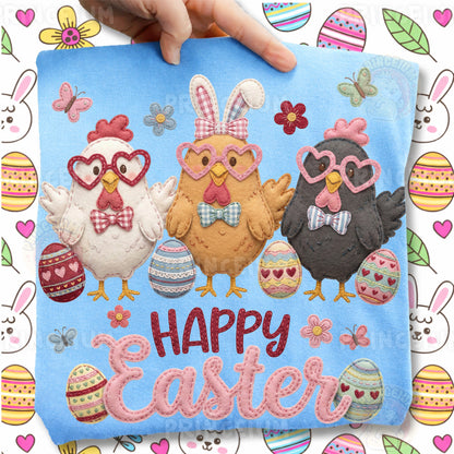Happy Easter PNG, Cute Chickens with Heart Glasses, Patchwork Farm Easter Clipart