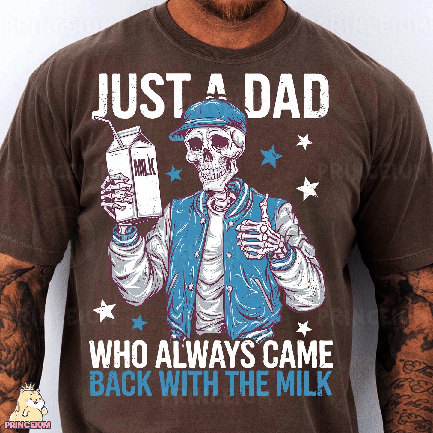 a man with a tattooed arm holding a milk carton