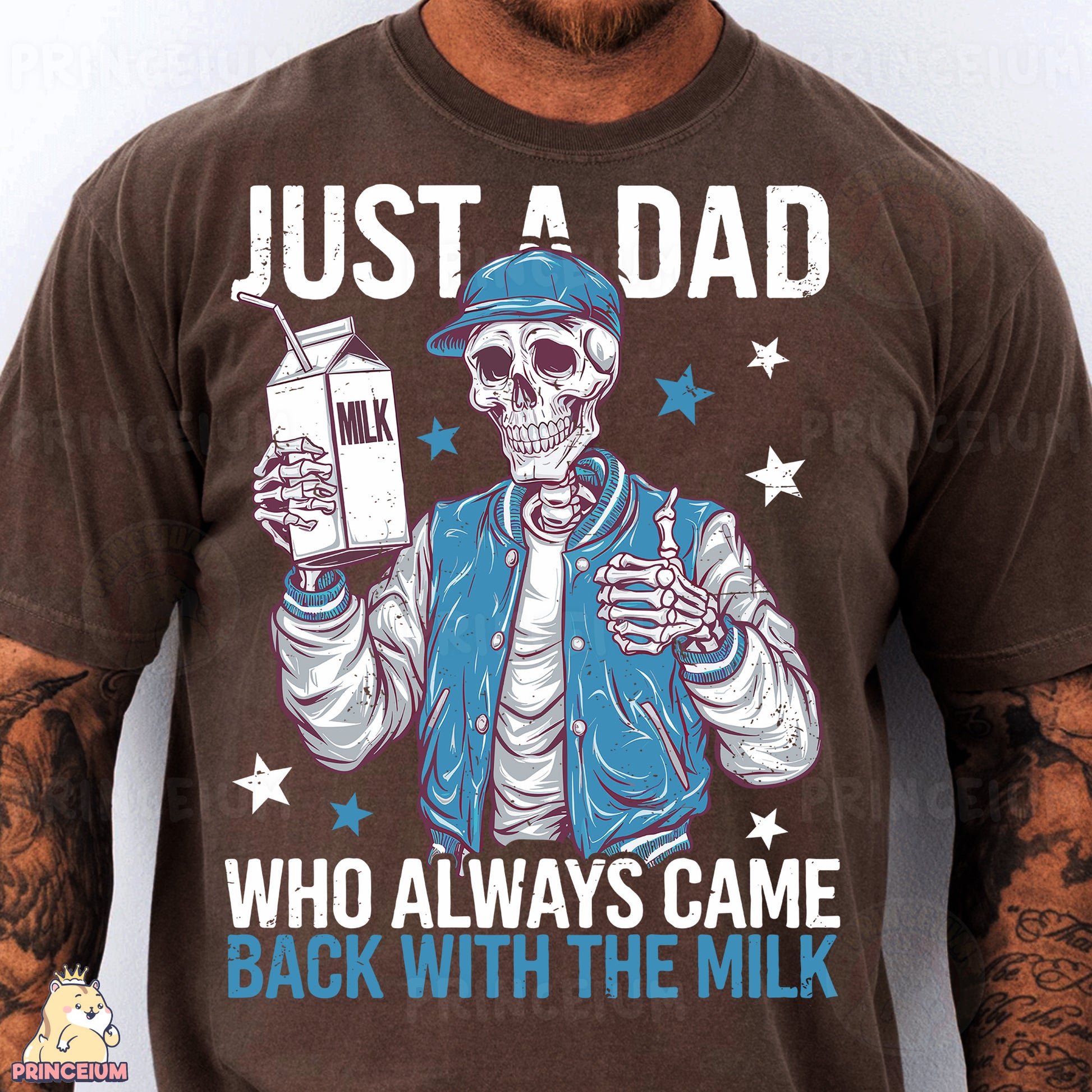 a man with a tattooed arm holding a milk carton
