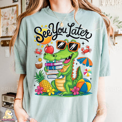 a woman wearing a t - shirt that says see you later