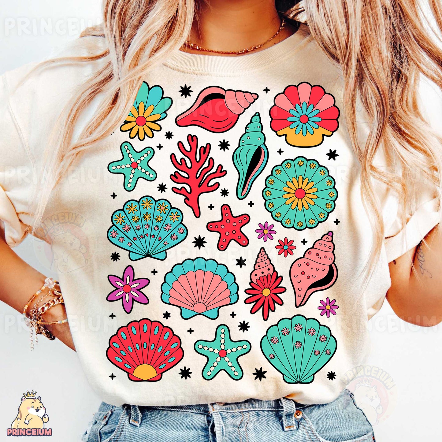a woman wearing a t - shirt with a bunch of sea life on it