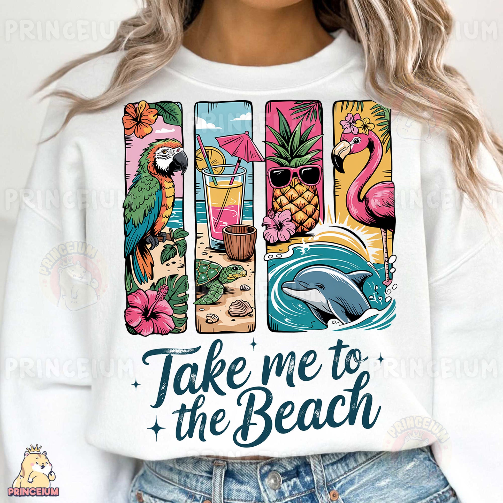 a woman wearing a white shirt that says take me to the beach