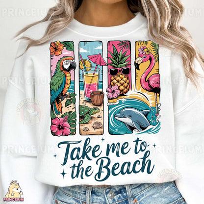 a woman wearing a white shirt that says take me to the beach