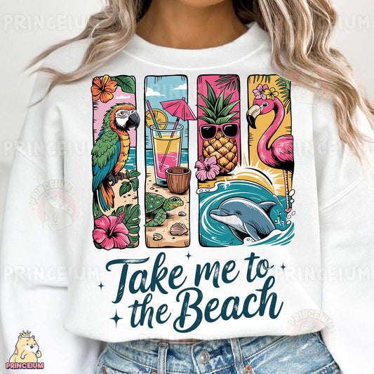 a woman wearing a white shirt that says take me to the beach