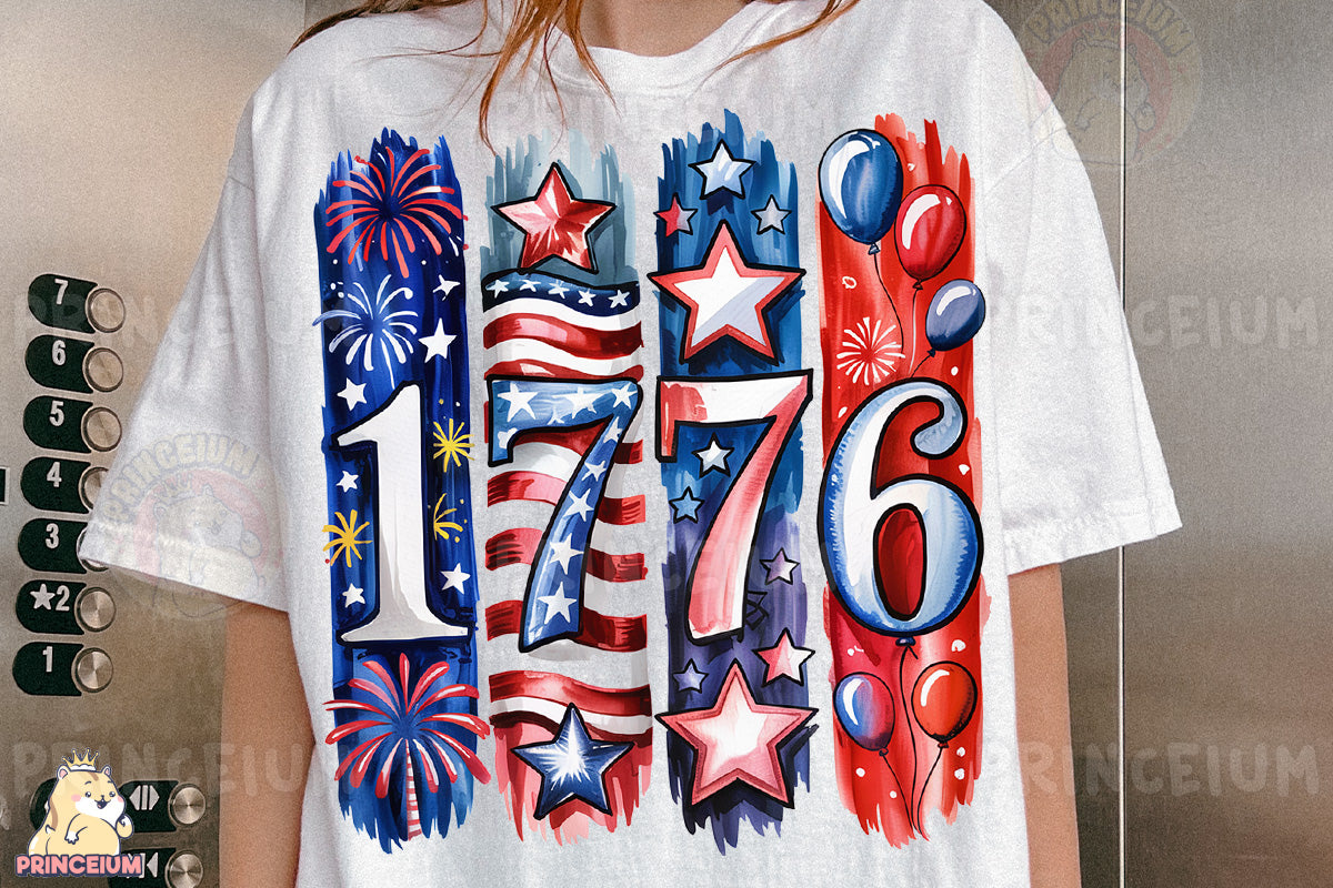 a woman wearing a white shirt with fireworks and stars on it