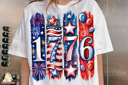 a woman wearing a white shirt with fireworks and stars on it