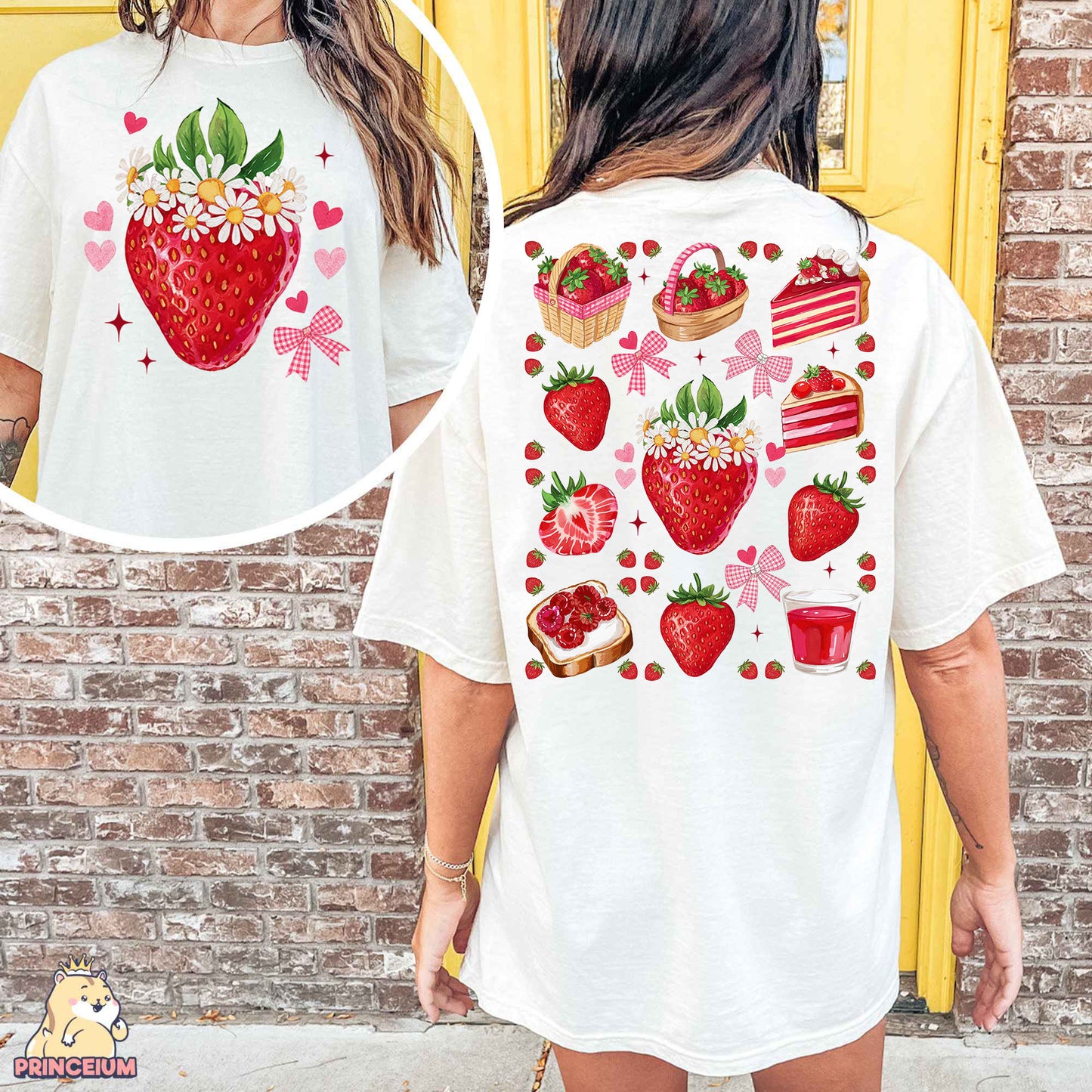 a woman wearing a white shirt with strawberries on it