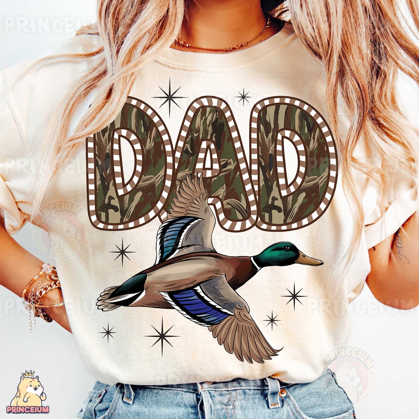 a woman wearing a t - shirt with a duck on it